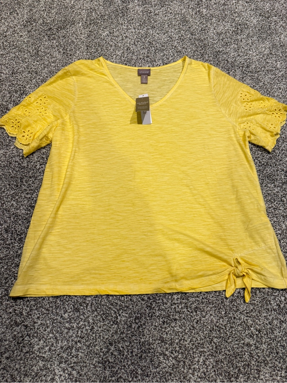 Chico's Yellow V-Neck Short Sleeve Top with Eyelet Sleeves and Side Tie